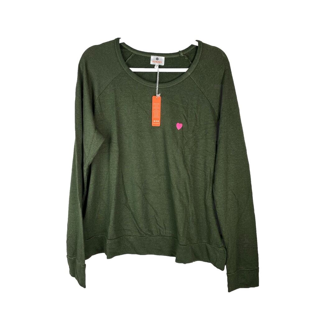 SUNDRY Mini PINK HEART Pullover Dark Green Sweatshirt 4/XL Very Soft Top NWT